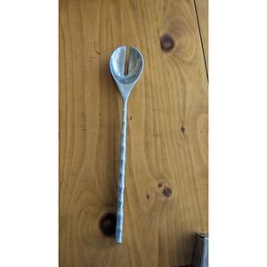 Hammered Metal Salad Serving Fork Long Bamboo Style Handle Silver 15.5 Inch